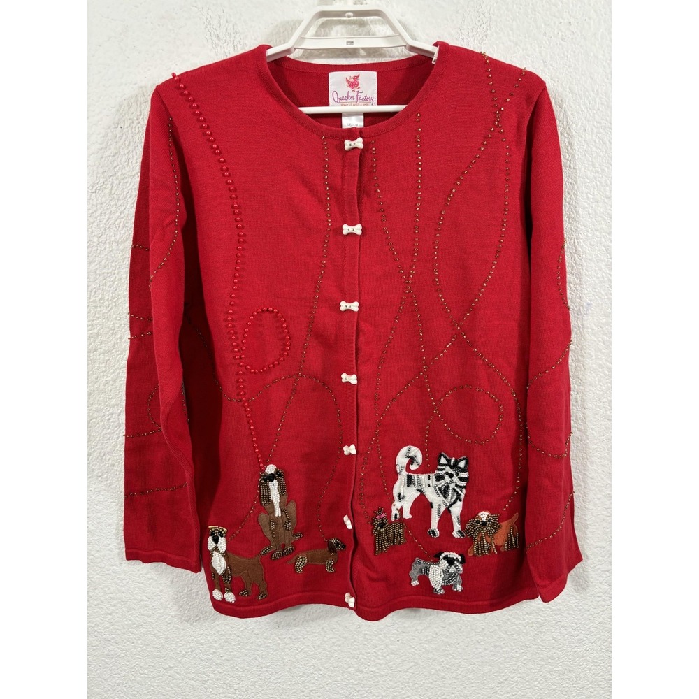 Quacker Factory Sweater Cardigan Womens Medium Red Beaded Dog Boneβ Buttons
